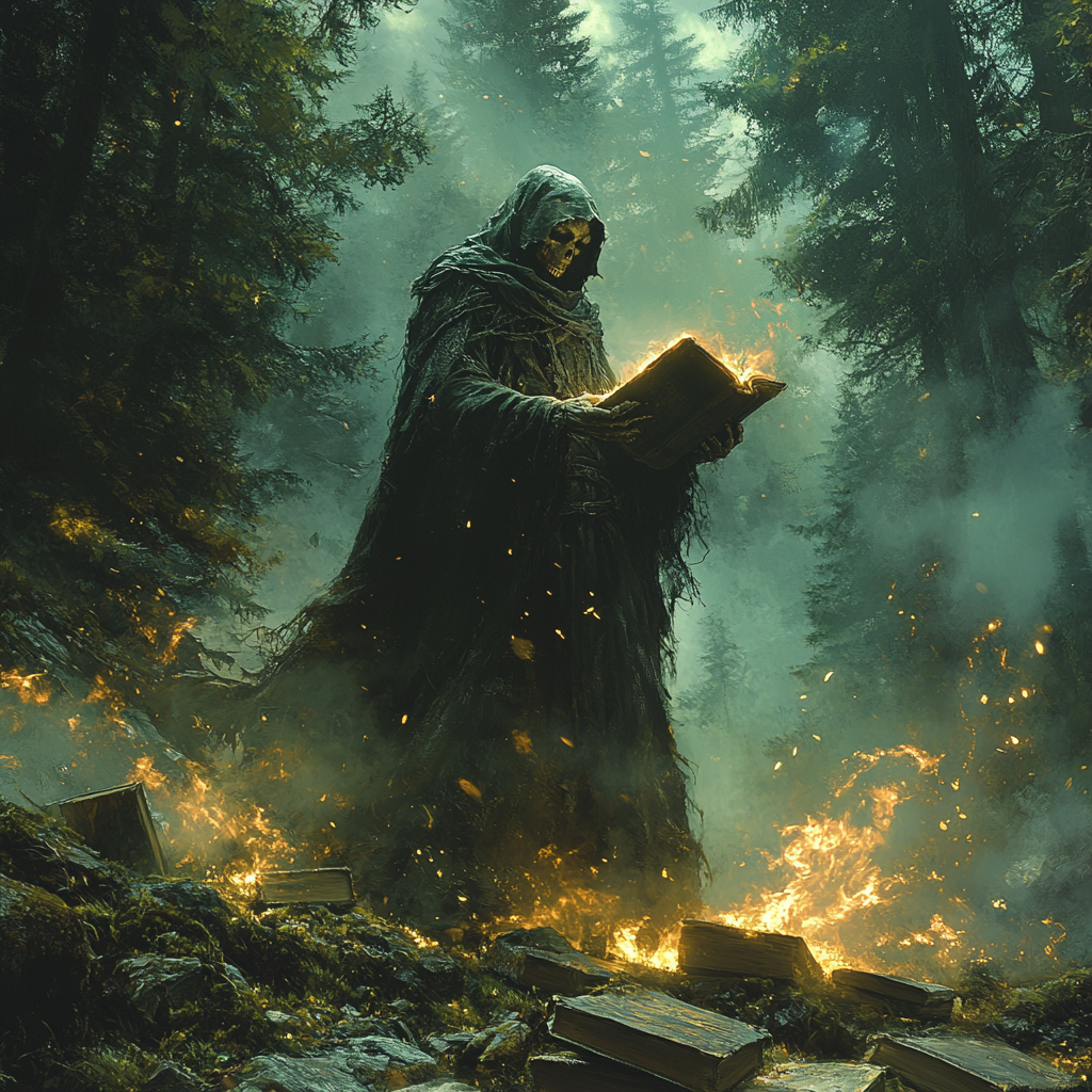 Кощей в образе рецензиста книг в жанре фэнтези (нейросеть)