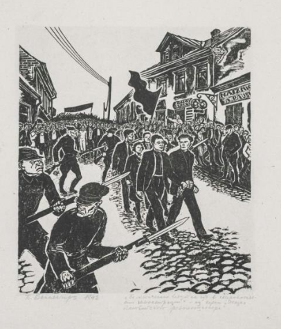 Данненгирш Б.Л. Гравюра. Политических ведут на суд в сопровождении демонстрации. Из серии "Жизнь латвийского революционера". 1942. (Место создания – Иваново?). РОСИЗО