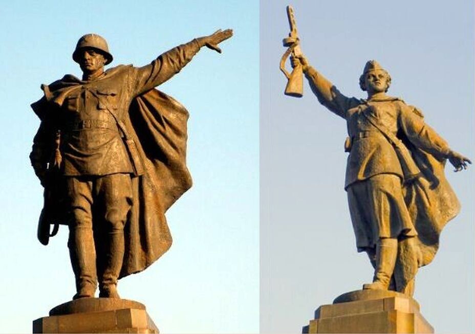 С женщиной всё просто и понятно. У мужчины винтовка СВТ-40. Но что за шлем?