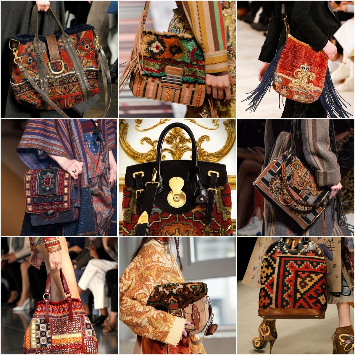 1. Ковровые сумки на показах. Иллюстрации из открытых источников. Коллажи авторские.