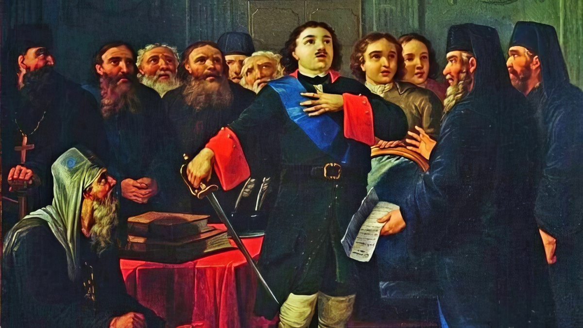 Петр I учреждает Святейший синод. Картина Ивана Тупылева. 1801 год