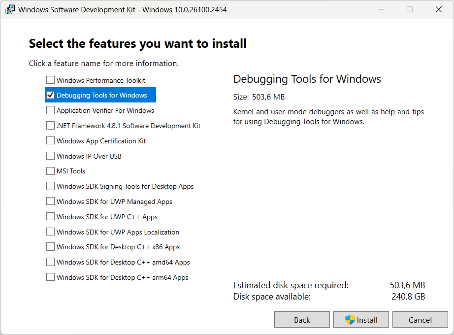 Установка Debugging Tools for  Windows