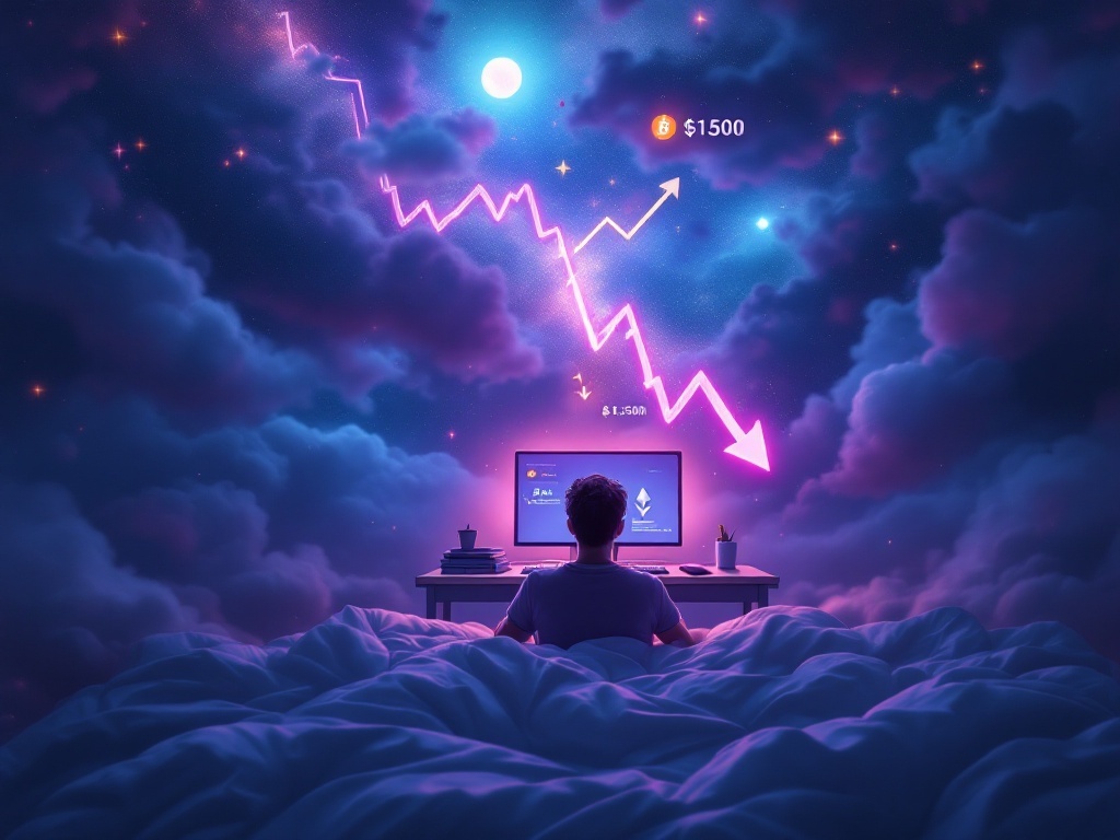    К чему такое снится: Нарисую человека за компьютером, который смотрит на экран, где графики рынка криптовалют стремительно падают. На экране видны значки Bitcoin и Ethereum, а также крас