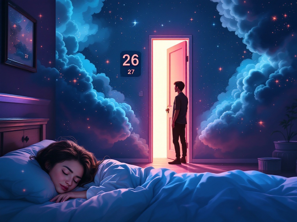    К чему такое снится: Художник изображает человека стоящего в коридоре жилого дома перед двумя дверями с номерами 26 и 27. В руке у человека ключ с номером 26. Дверь с номером 26 приоткры