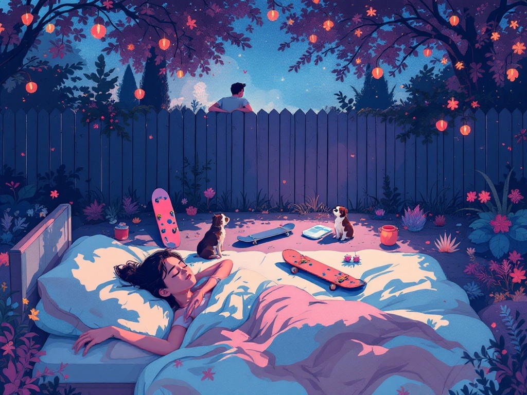    К чему такое снится: На картине изображен человек, который прислонился к забору своего палисадника и подслушивает разговор. Рядом с ним на земле несколько скейтбордов и собака, вниматель