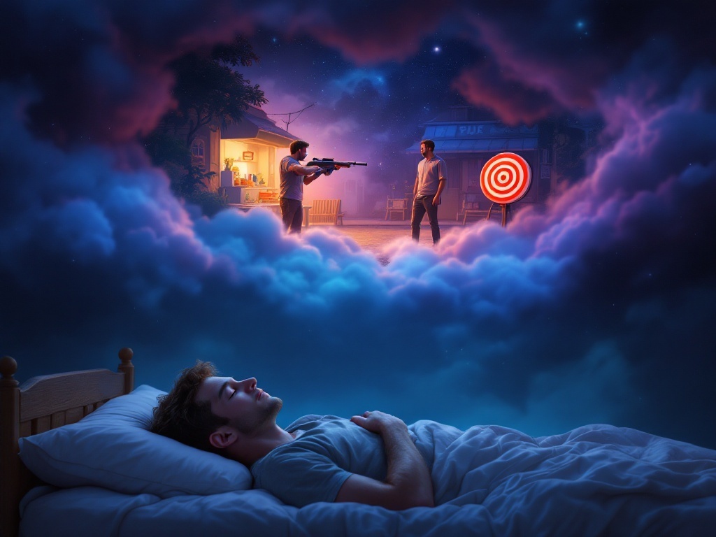    К чему такое снится: На картине изображена улица у магазина в деревне, где мужчина с самодельной пневматической винтовкой стреляет по мишени из пластилина. Рядом с ним стоит другой мужчи