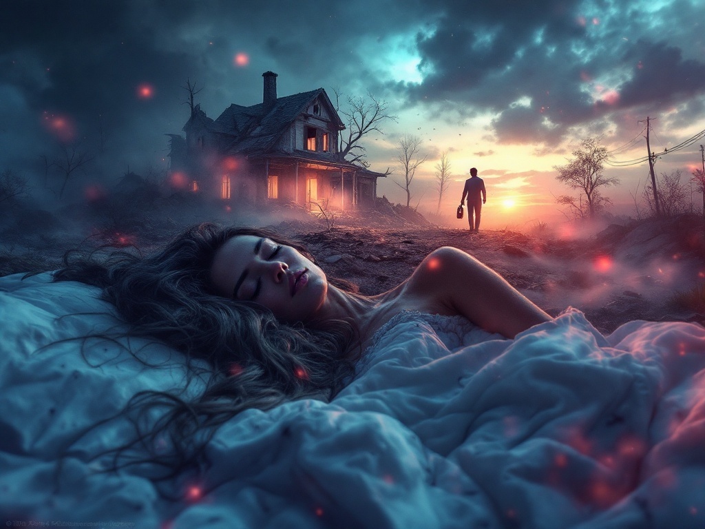    К чему такое снится: На картине изображен мужчина, который стоит с бутылкой в руке перед разрушенным домом, вокруг обломки и пустота. Нет элементов сцены, указывающих на уход женщины, то