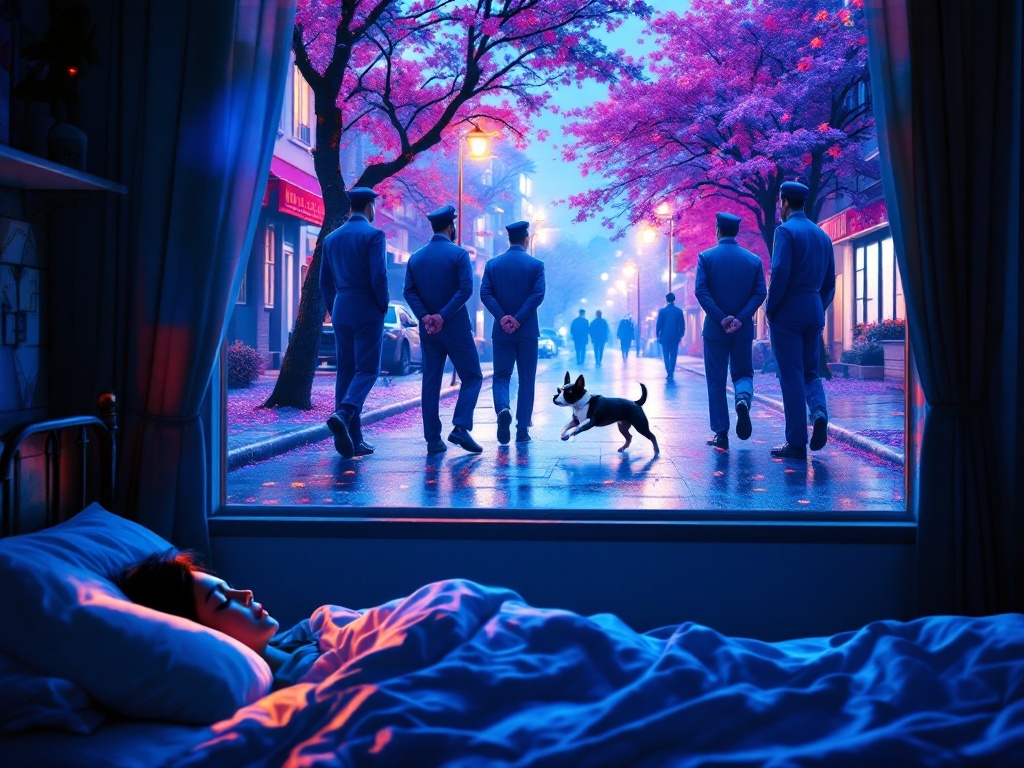    К чему такое снится: На картине изображена улица весной. Группа из четырех мужчин в синей форме выгуливает Бостон терьера. Собака бежит по кругу и кусает за ногу персонажа, который видит