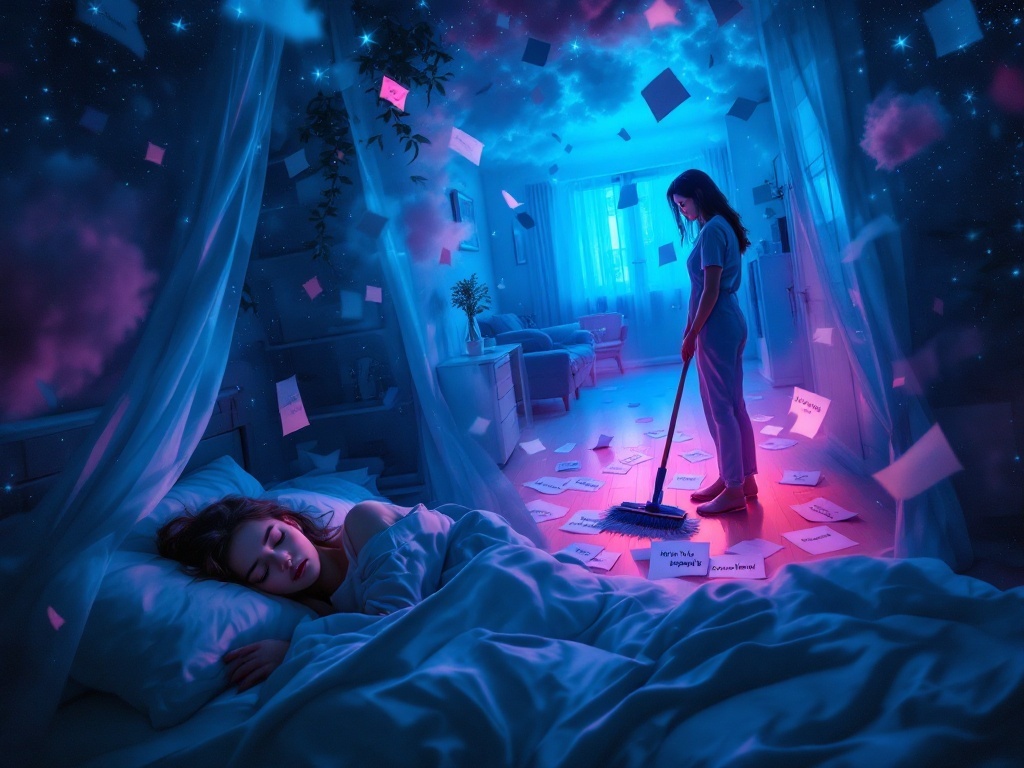    К чему такое снится: Женщина, стоящая и подметающая пол в обычной комнате. На её лице отражена забота и сомнение, а на полу лежат кусочки бумаги с написанными словами "мнение общества",