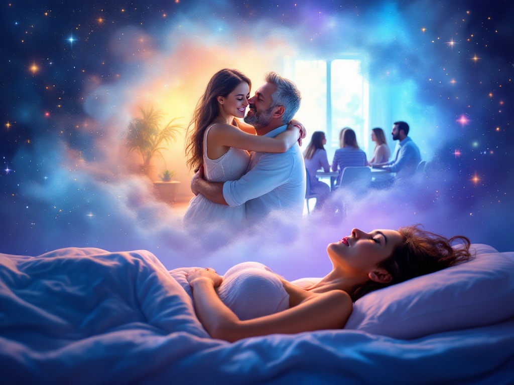    К чему такое снится: На картине изображен мужчина средних лет и женщина, радостно обнимающие друг друга в светлом помещении. В фоне виднеется группа людей, собравшихся за круглым столом,