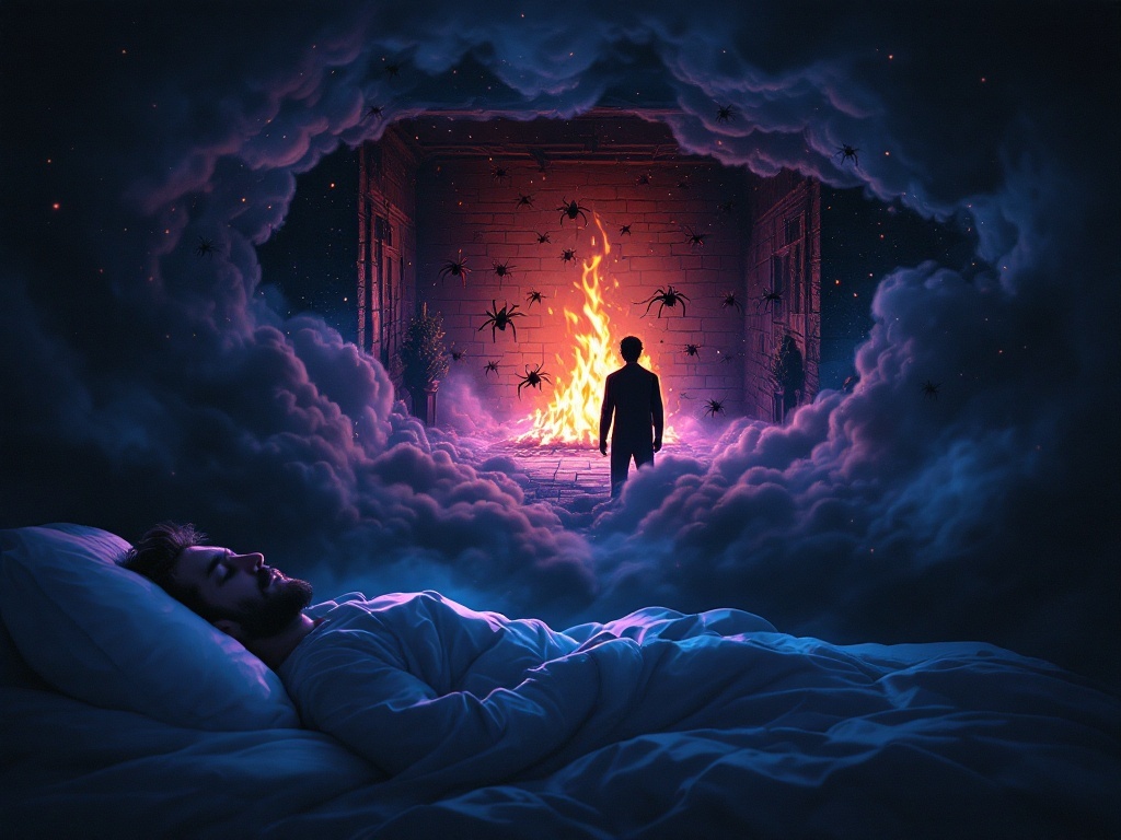   К чему такое снится: На картине изображена тёмная комната с горящим камином. Персонаж стоит в центре комнаты и старается смахнуть с себя черных пауков с красными лапками, которые прыгают