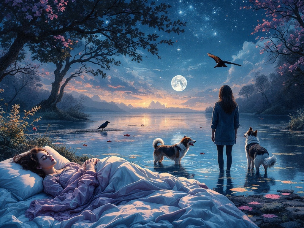    К чему такое снится: На картине изображен человек, стоящий на берегу реки, гладящий ухоженную собаку. В реке видны рыбки и водоросли. Поблизости неудачливо пытается поймать рыбу ворона.