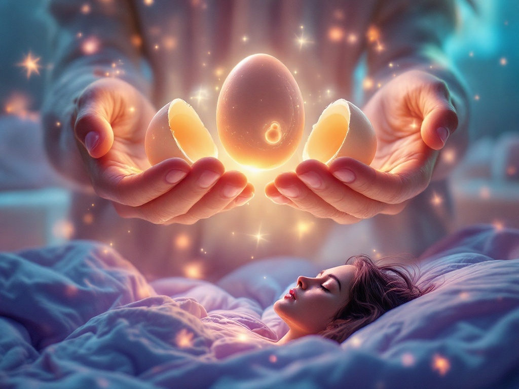    К чему такое снится: На картине изображена женщина, стоящая у стола на кухне, на котором расположена упаковка с яйцами. В одной руке она держит нож, готовая разбить следующее яйцо, в дру