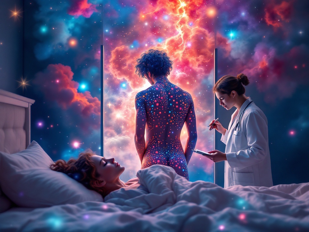    К чему такое снится: На картине изображён человек, стоящий перед зеркалом и внимательно рассматривающий свое отражение. Его тело покрыто разноцветными пятнами. Рядом стоит врач в белом х