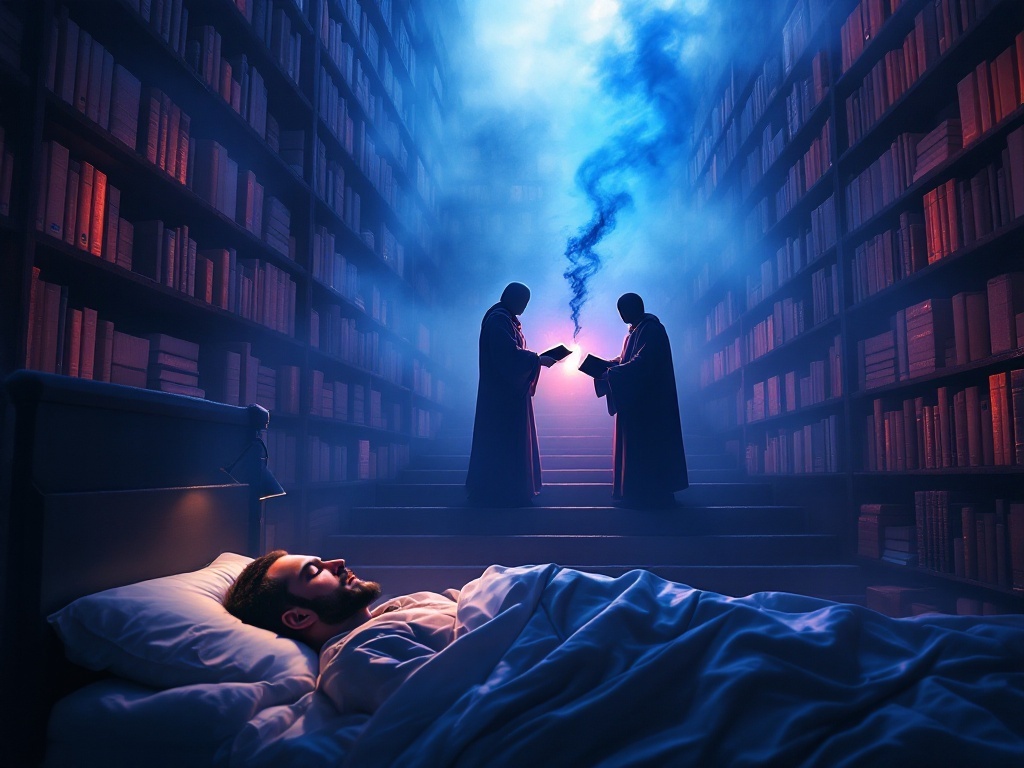    К чему такое снится: На картине изображена библиотека с множеством стопок одинаковых светлых книг. В центре стоит монах, который берет черную книгу из рук перепуганного человека. Вокруг