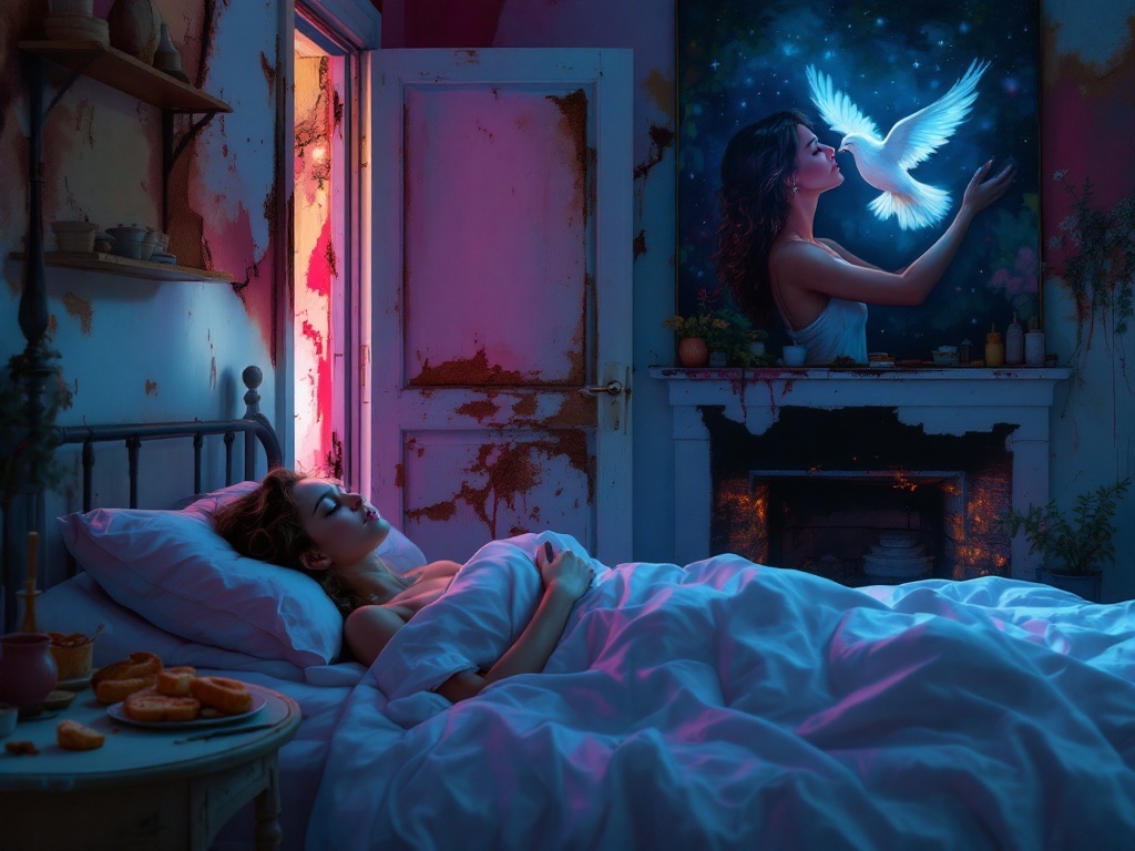    К чему такое снится: На кухне, где стенки частично обуглены, художник изобразил женщину, открывающую дверь, чтобы выпустить маленького белого голубя. Рядом на столе видны частично подгор