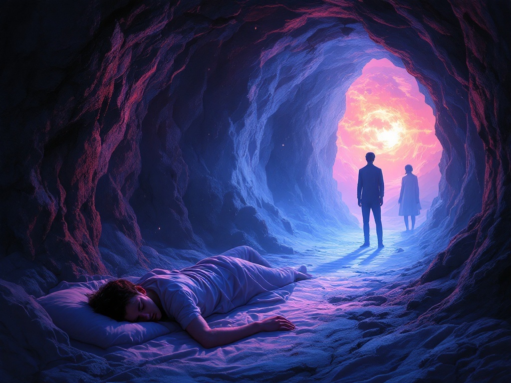    К чему такое снится: Художник изображает сцену, где человек ищет что-то в подполе хижины. На заднем плане наблюдатель стоит у входа и смотрит на поиски. Пол пустого подпола открыт, а чел