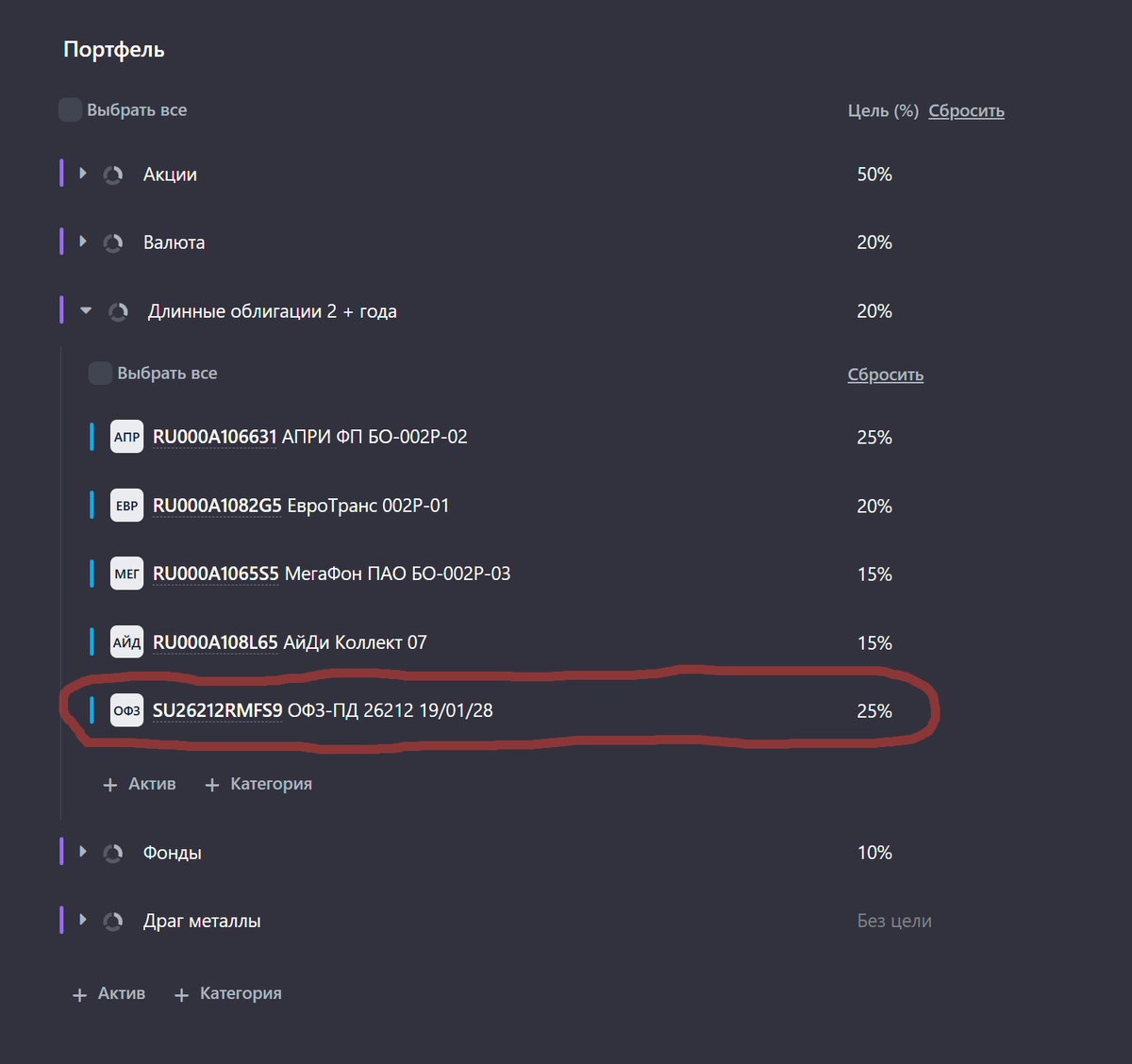 Баланс по облигациям