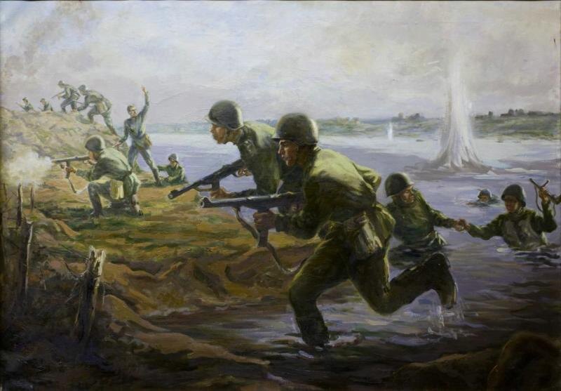 Ярослав Титов. Форсирование реки Свирь. 1944. Холст, масло, дерево. 92х127 см. Из собрания Лодейнопольского историко-краеведческого музея