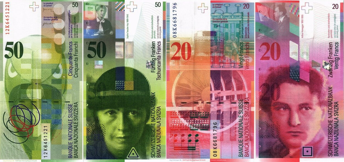 Швейцарские франки восьмой серии. 50 и 20 франков