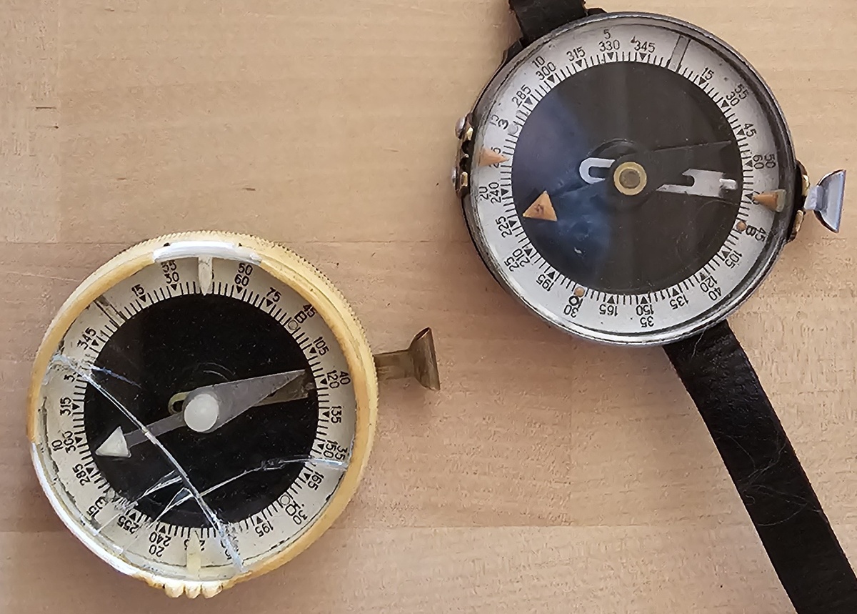 Тут "северные" концы - бесцветные, но другой формы. Это мои компасы, одной модели, но разных годов выпуска. Как видите, испытали оба немало.