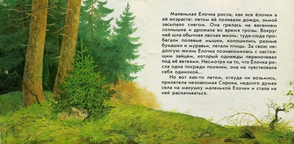 Сюжет: ёлочку запугала сорока, что её к Новому году срубят. Но получилось совсем не так.