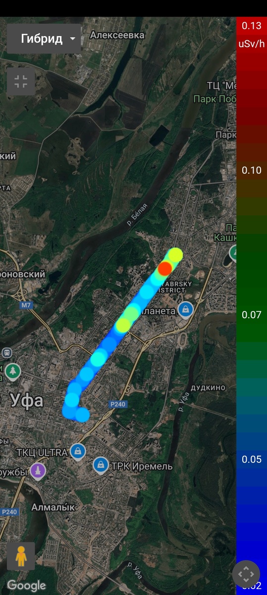 Скриншот с экрана монитора. Так выглядит карта гамма-съёмки местности одного из моих маршрутов по городу Уфа. А ниже ссылка на эту карту. Перейдите по ней и помасштабируйте данный трек из точек. Увидите весь маршрут до мелочей.
