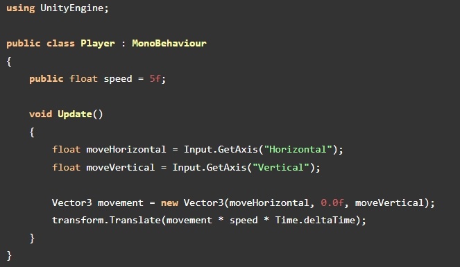 using UnityEngine;

public class Player : MonoBehaviour {
    public float speed = 5f;

    void Update()     {
        float moveHorizontal = Input.GetAxis("Horizontal");
        float moveVertical = Input.GetAxis("Vertical");

        Vector3 movement = new Vector3(moveHorizontal, 0.0f, moveVertical);
        transform.Translate(movement * speed * Time.deltaTime);
    }
}