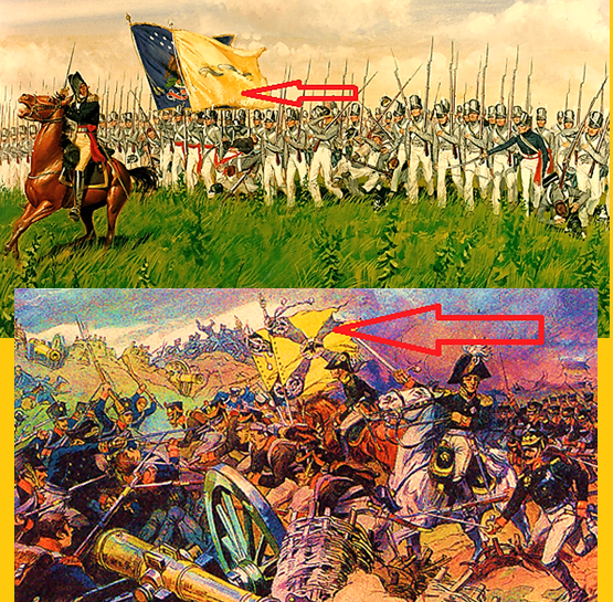 Под жёлтыми флагами Великой Тартарии: Вверху, - Источник: ru.wikipedia.org.Chippewa, Upper Canada (Верхняя Канада), 5 July 1814. Канадские американцы в серых мундирах на войне 1812-1815 годов идут под жёлтым флагом Великой Тартарии с надписью в виде ленты, стилизованной под тартарского дракона, указанной стрелкой. Внизу - Атака Шевардинского редута. Литография по рисунку Н. Самокиша 1910 г. В центре картины знамёна второй Московской армии на жёлтом фоне флага Великой Тартарии.