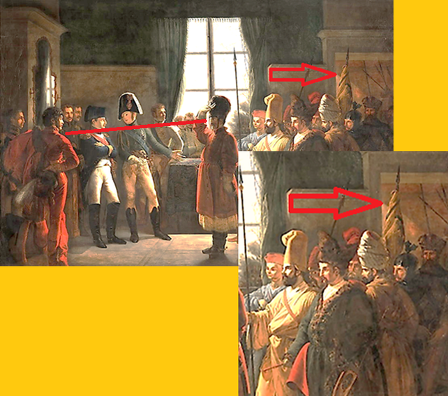 Картина "Царь Александр I вручает калмыкам, казакам и башкирам русской армии Наполеона I, Тильзит. Худ. Пьер Ноласк Берже. "Вручает", значит, якобы переуступает. Однако государи-ханы Московской Тартарии ведут себя по-другому, держа свёрнутым жёлтый флаг Великой Тартарии. Их представитель отдаёт честь не императорам, а Багратиону, командующему объединённой армии Московской Тартарии, что явно показано линией.