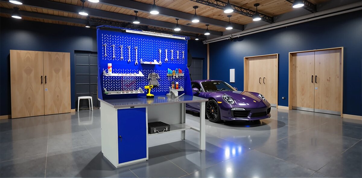 Стильный металлический верстак в интерьере гаража - фото СтеллажМастер