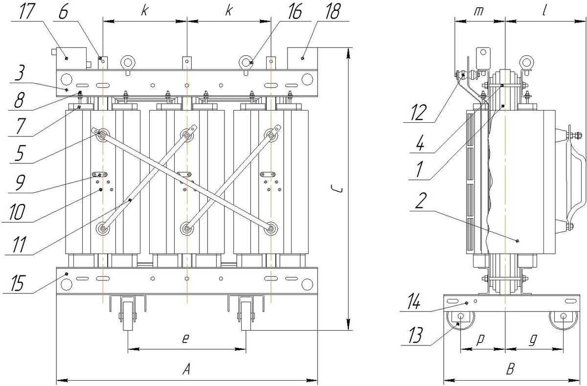 Общий вид, устройство, габаритные, присоединительные размеры и масса трансформатора типа ТЛС

1 – магнитопровод; 2 – обмотки; 3 – балки ярмовые верхние и нижние; 4 – шпильки для стяжки ярмовых балок магнитопровода; 5 – контактные площадки вводов СО; 6 –контактные площадки выводов ВО;
7 – упоры фиксации обмоток ВО и СО; 8 – болты для подпрессовки обмоток; 9 – перемычки переключения ответвлений сетевых обмоток; 10 – контакты отводов регулировочных витков вентильных обмоток; 11 – перемычки схемы соединения СО; 12 – опорные изоляторы вводов ВО; 13 – колеса для перемещения трансформатора; 14 – опоры магнитной системы; 15 – место для подключения заземляющего проводника;
16 – рым-болты для подъема трансформатора; 17 – коробка с клеммами для подсоединения цепей реле температуры; 18 – табличка