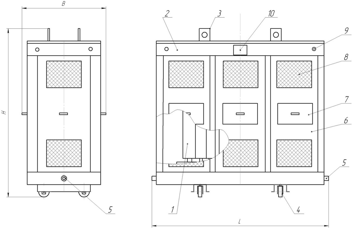 Общий вид, устройство трансформатора типа ТЛСЗП с кабельным присоединением:

1 – магнитная система трансформатора; 2 – кожух; 3 – пластины для подъема трансформатора; 4 – колеса для перемещения трансформатора; 5 - резьбовая втулка для подсоединения заземляющего проводника; 6 – откидная панель большая; 7 – откидная панель малая; 8 – жалюзи вентиляционное; 9 – отверстие для отвода выводов датчиков температуры; 10 – табличка