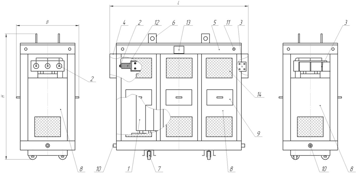 Общий вид, устройство трансформатора типа ТЛСЗП с боковым расположением вводов (левое исполнение):

1 – магнитная система трансформатора; 2 – вводы СО; 3 – вводы ВО; 4 – фланцы присоединительные; 5 – кожух; 6 – пластины для подъема трансформатора; 7 – колеса для перемещения трансформатора; 8 – откидная панель большая; 9 – откидная панель малая; 10 – резьбовая втулка для подсоединения заземляющего проводника; 11 – отверстие для отвода выводов датчиков температуры; 12 – изоляторы опорные; 13 – табличка; 14 – жалюзи вентиляционное