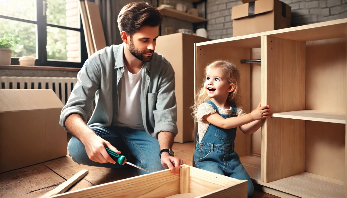 Саша помогает папе собирать шкаф