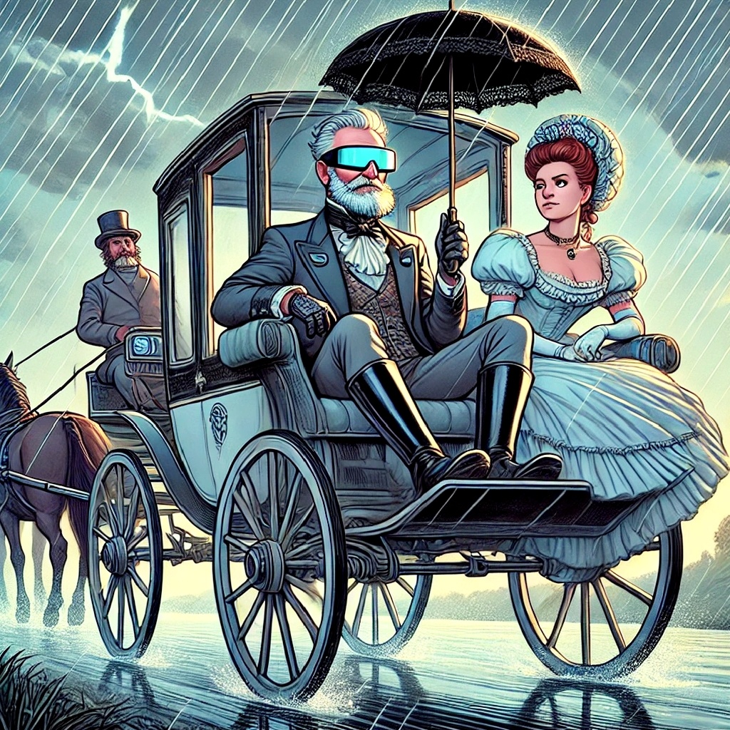 Болконский в футуристических очках самодовольно улыбается в карете, пока Марья смотрит на него с недоумением. Кучер ещё не отошёл от шторма, но небо уже проясняется. Настроение: батя всегда прав!