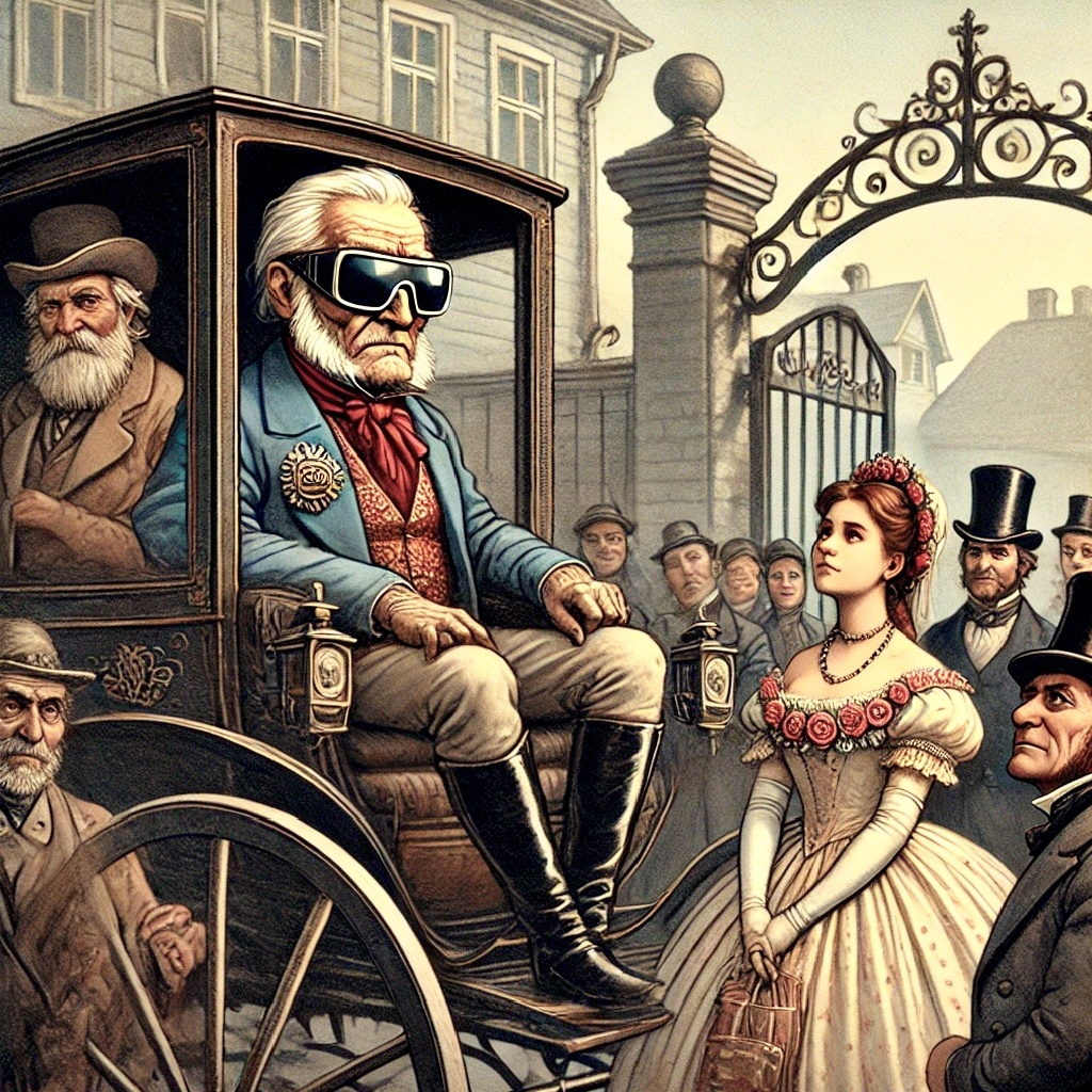 Болконский в футуристических очках подозрительно выглядывает из кареты, разглядывая крестьян у ворот. Марья смотрит на него с надеждой, а крестьяне переглядываются, явно что-то замышляя. Настроение: батя всегда начеку!