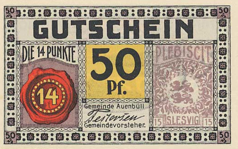 Муниципалитет Ауэнбюль, 50 пфеннигов 1920 с маркой для проведения плебисцита в Шлезвиге.