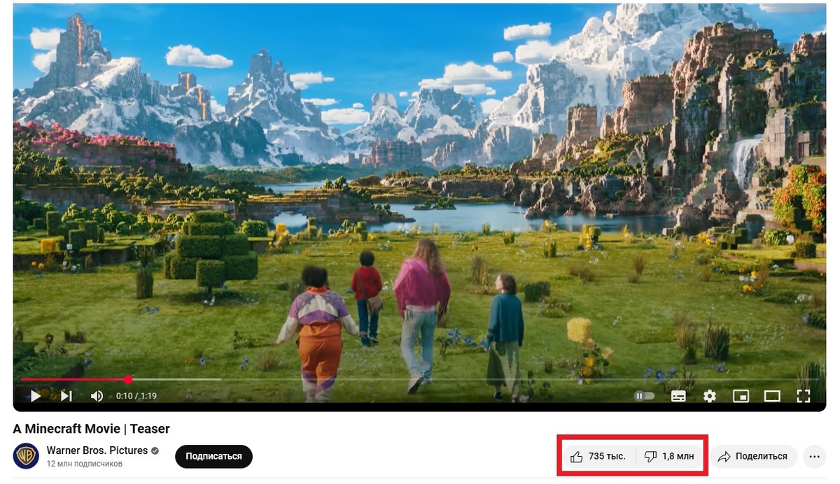 Соотношение лайков и дизлайков у тизера «Minecraft в кино». Скриншот от 04.02.2025