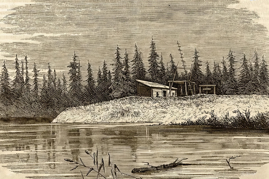    Нефтяной завод Федора Прядунова на реке Ухте. Изображение Wikipedia/Максим Верховинский