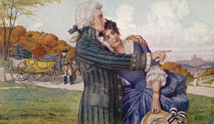 Моцарт и Констанция во время своего медового месяца. Открытка XIX века.