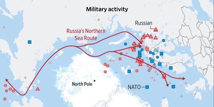 Расстановка военных сил в Арктике. Скриншот статьи с сайта wsj.com.