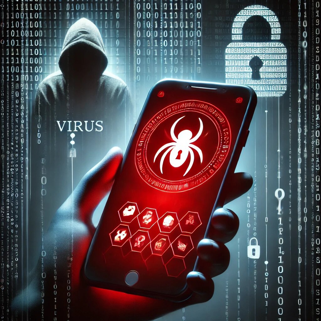 Smartphone with a glowing red warning which indicating a virus threat. 