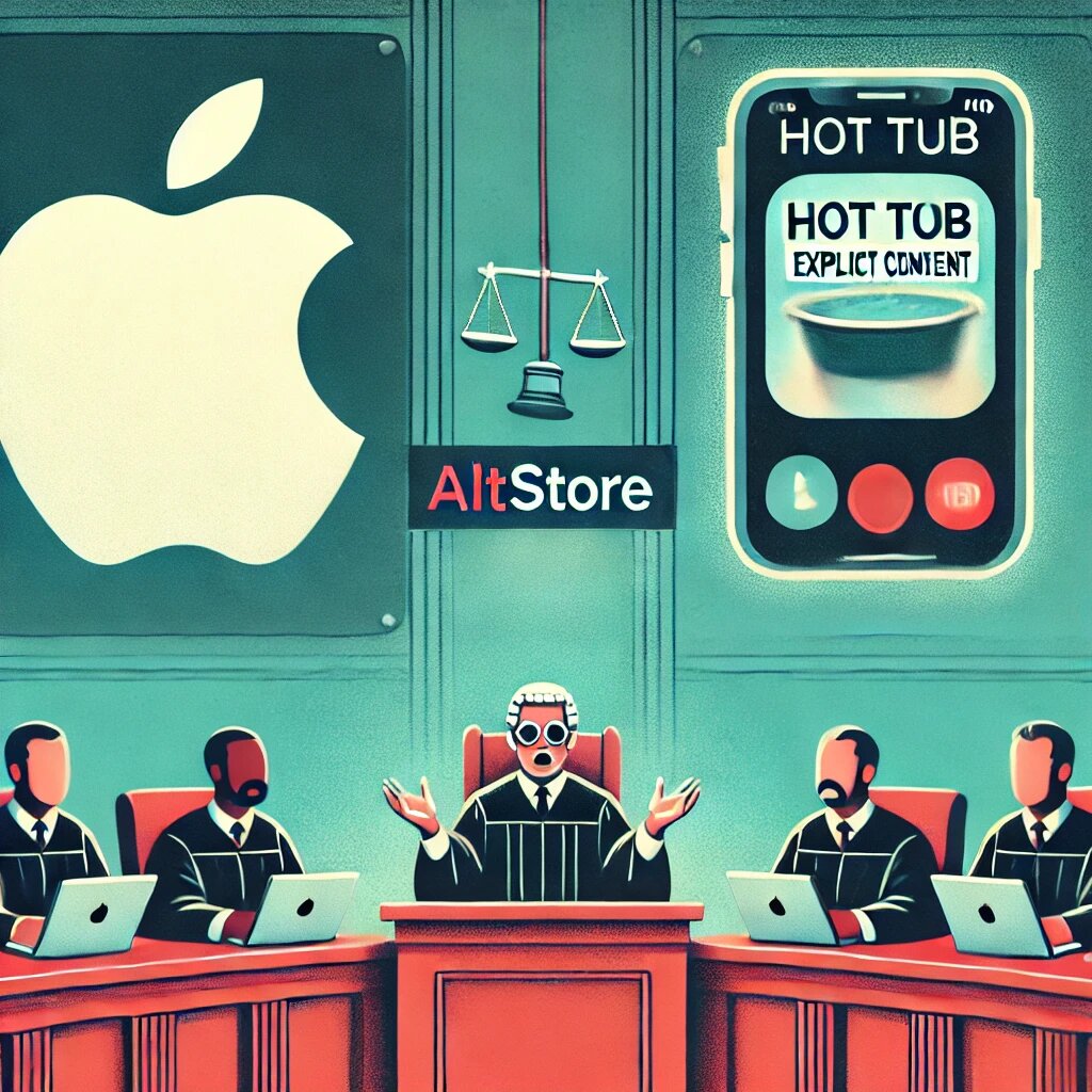 A judge-like figure, symbolizing regulations, is mediating the dispute.