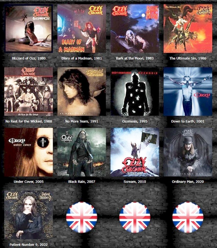 Все 13 сольных альбомов Оззи Осборна, записанные им с 1980 по 2022 гг.