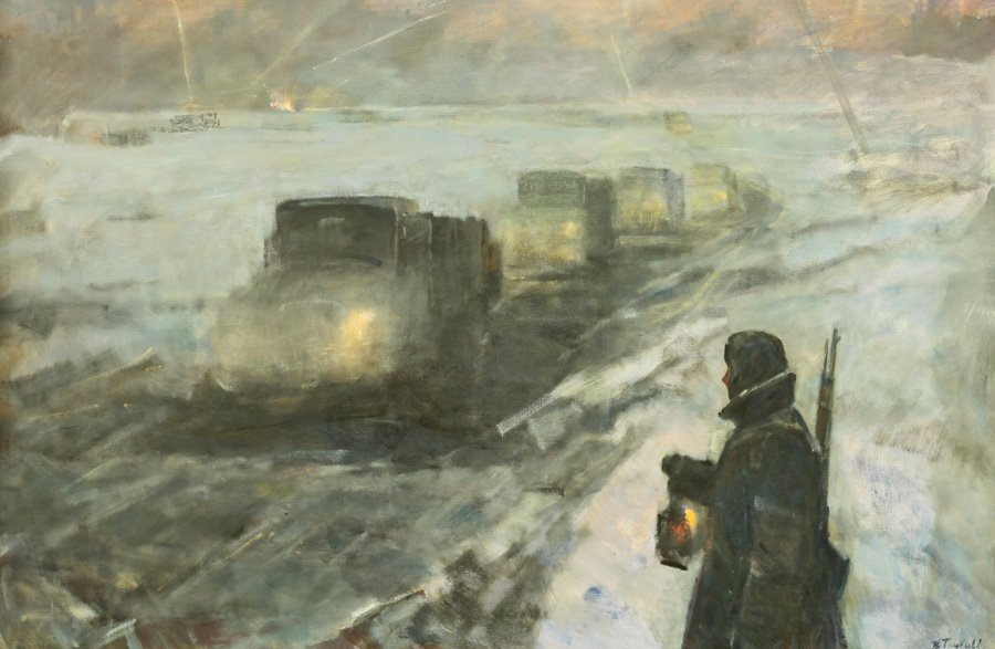ВОВ (1941-1945). Водная трасса Дороги жизни, художник Таутиев В.Б. (фото репродукции картины из открытого источника Яндекс). "...А годы кровавых событий текли: блокады ад, боль поражений..." 
Дорога жизни  была единственной транспортной магистралью через Ладожское озеро, связывавшая блокадный Ленинград со страной во время Великой Отечественной войны. Официально она называлась Военно-автомобильной дорогой №101 (ВАД-101). Дорога жизни действовала с конца ноября 1941 года по апрель 1942 года, а затем с ноября 1942 года по март 1943 года. По ней осуществлялось снабжение  Ленинграда продовольствием, медикаментами, топливом, электроэнергией, предметами первой необходимости. В обратном направлении по той же трассе несколькими волнами осуществлялась эвакуация населения блокадного города. За 250 дней, которые просуществовала Дорога жизни, вывезли свыше миллиона человек. Большую часть пассажиров составляли измождённые голодом дети.