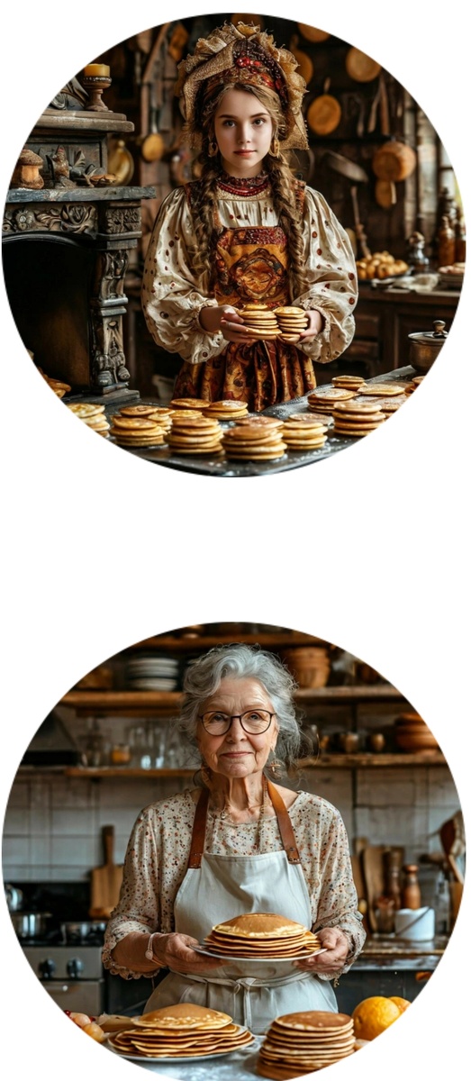 Блинам все возрасты покорны. Изображение для иллюстрации статьи сгенерировано нейросетью Шедеврум по запросу автора. Коллаж автора.