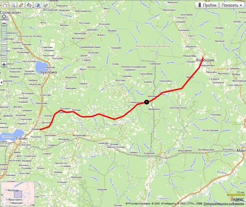 кружком отмечено на карте место деревни на тракте между городами Галич и Кологрив