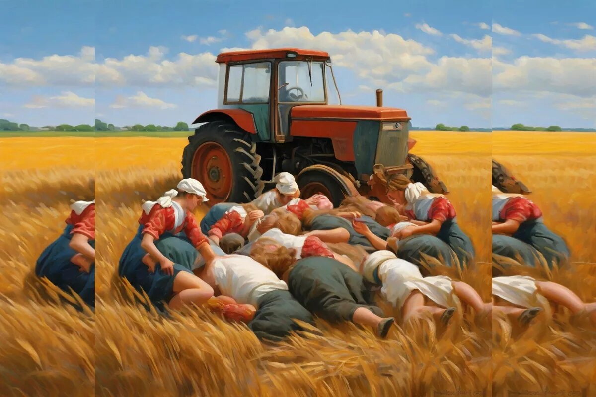 В советских репортажах о жатве жарко. Доярки так увлечены повышением надоев, что не всегда могут скрыть от фотографов свою потаенную красоту.
Фото: Нейросеть shedevrum.ai