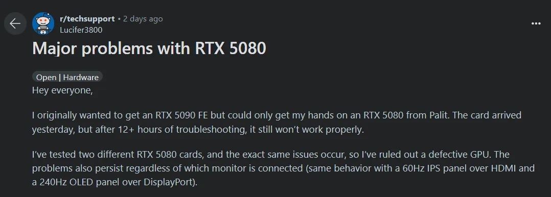    Покупатели GeForce RTX 5090 и 5080 жалуются на «окирпиченные» видеокарты